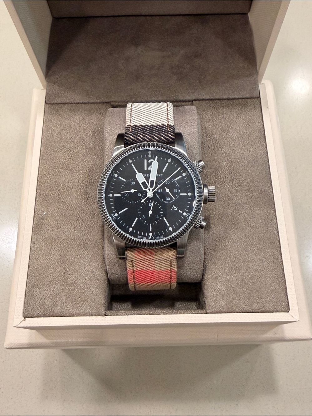 Burberry Chronograph Watch with Burberry Check Strap in Black/Brown/Beige BU7815